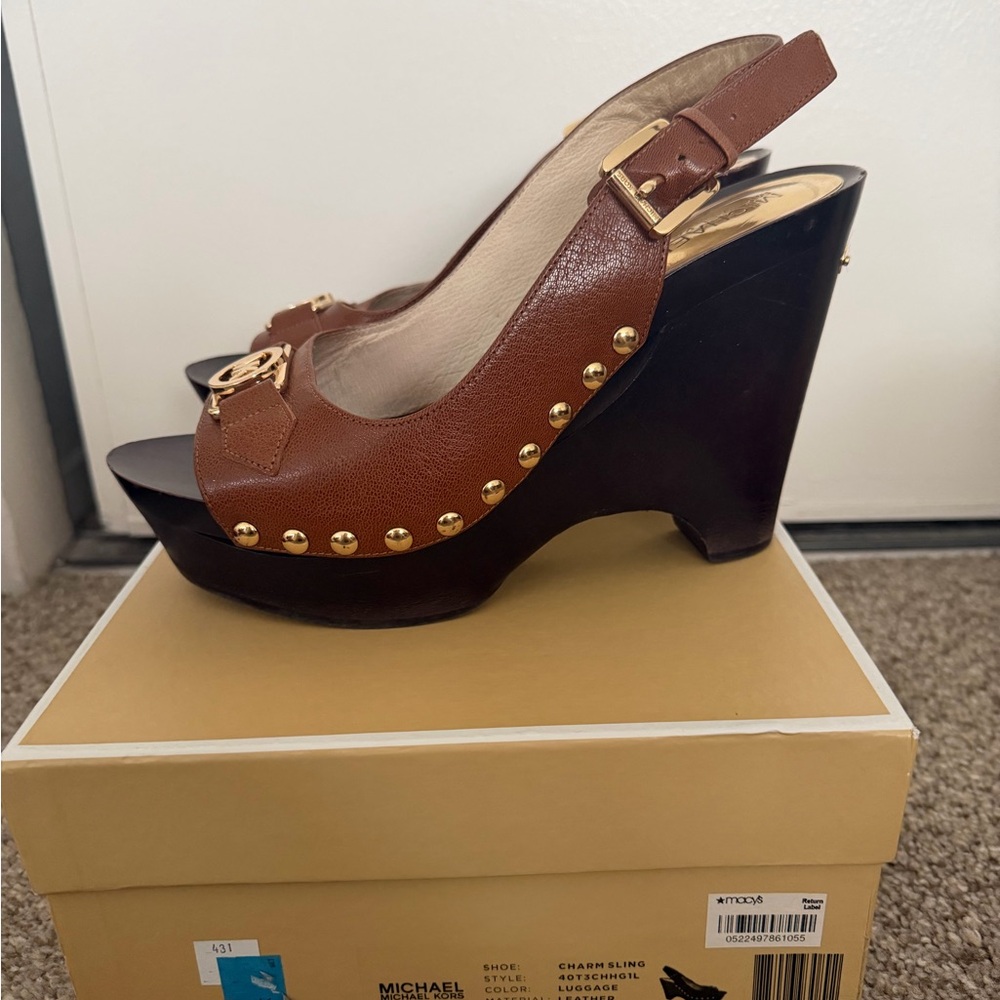 Michael Kors Tan and Gold Wedge Sandals